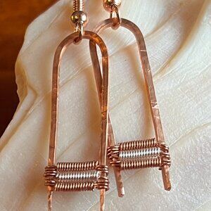 Hammered Copper Dangle Earrings, Wire Wrapped Copper Earrings, Boho Minimalist J